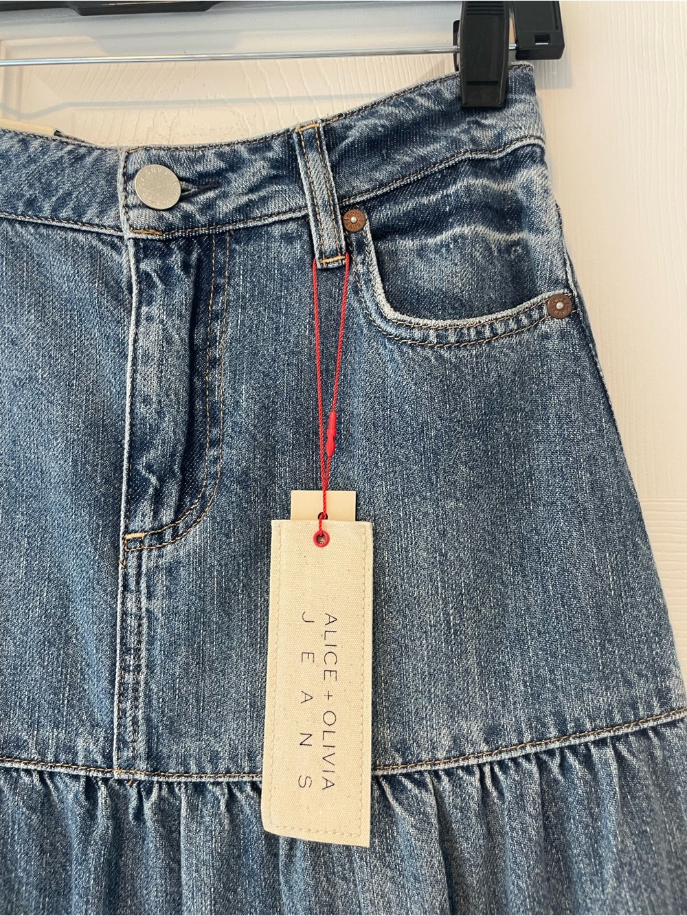 Alice + Olivia Washed Blue Tiered Denim Maxi Skirt - Picture 2 of 7